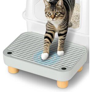 Litter Box Step, Litter Box Ramp/Catcher with Wooden Base, Anti-Tracking & Easy